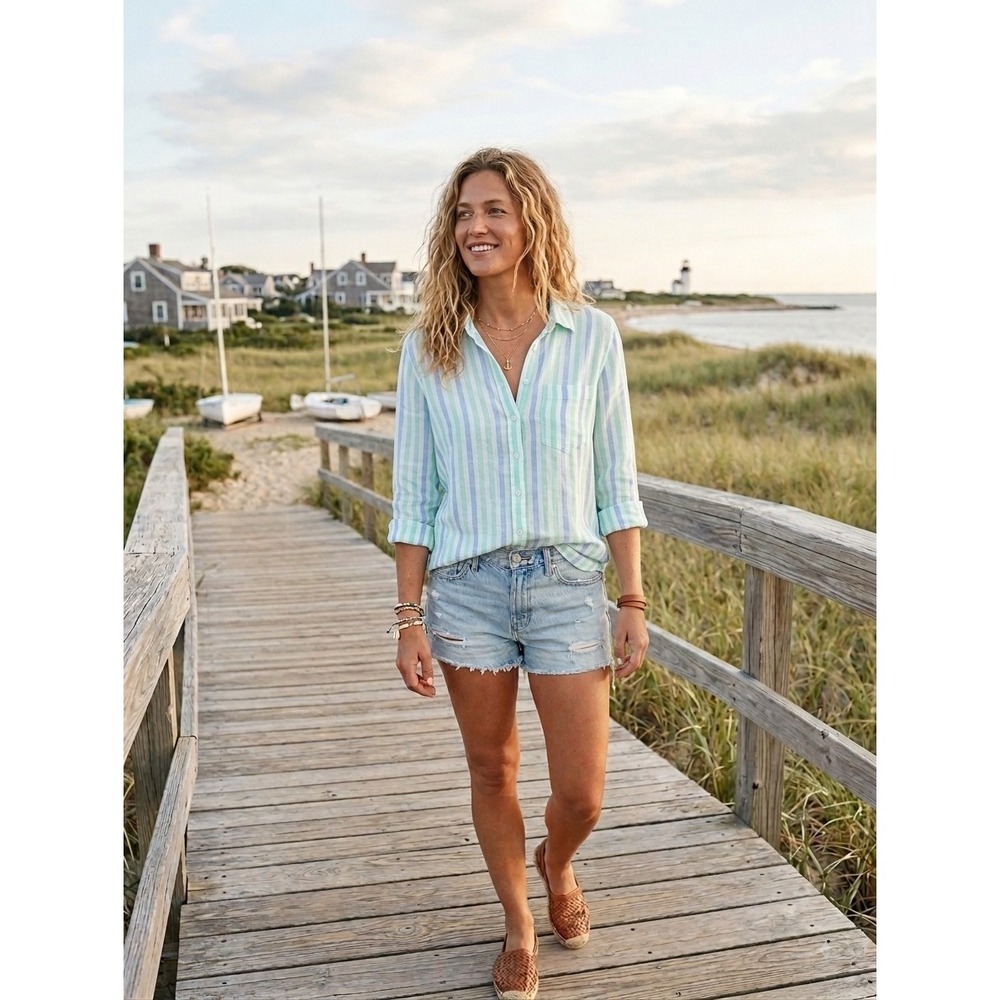 C&C CALIFORNIA Top L 100% Linen Tunic Shirt Striped Roll Tab Sleeve Minty Beach